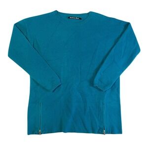 Cashmere Blend Teal Merino Wool Pullover Sweater Side Zips Women Regular